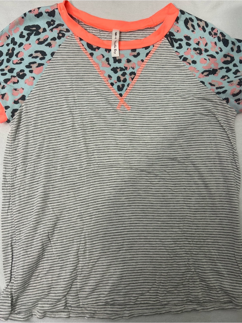 Vanilla Bay Gray Stripe Tee with Coral Trim and Aqua Leopard Sleeves